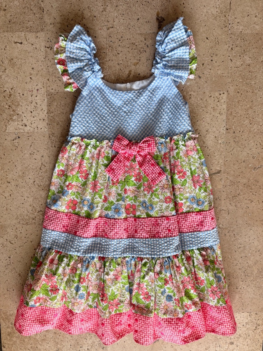 Gingham Floral Patchwork Tiered Girl’s Sundress Size 6